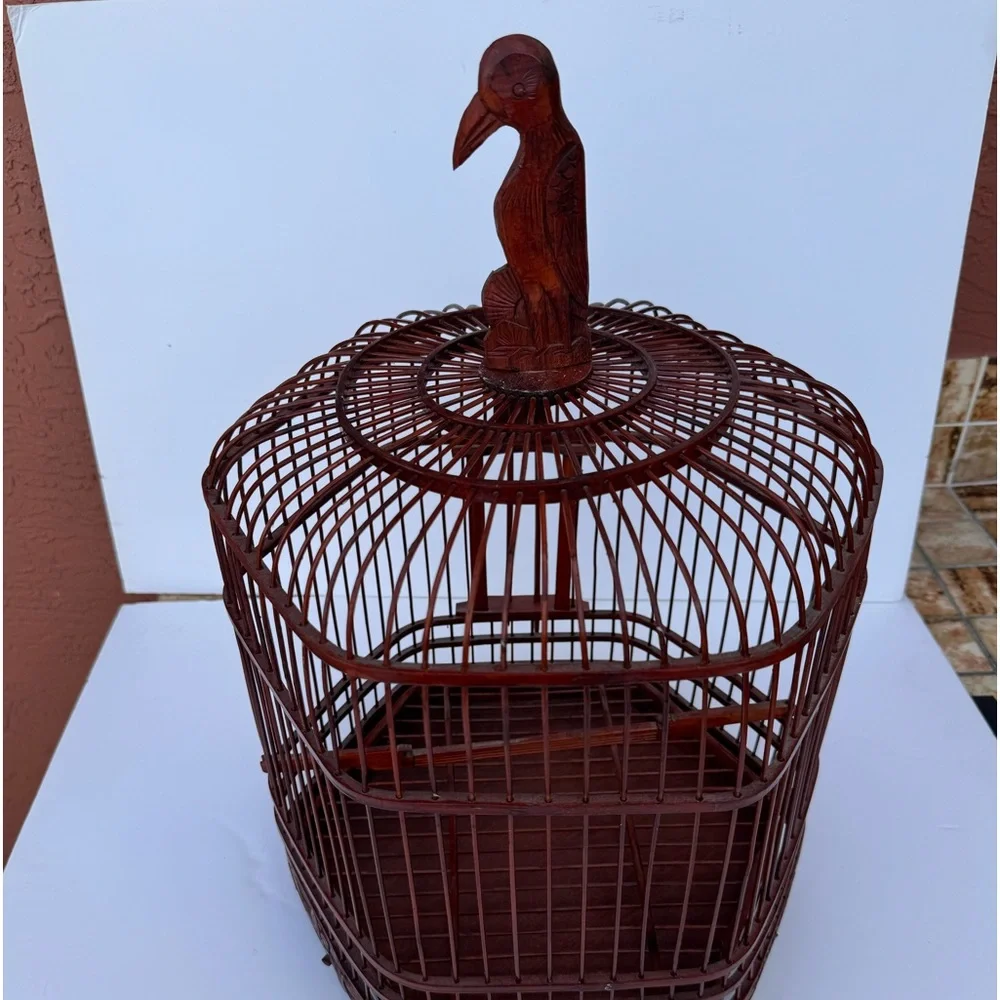 Vtg Chinese Ornate Bamboo Bird Cage - never occupied